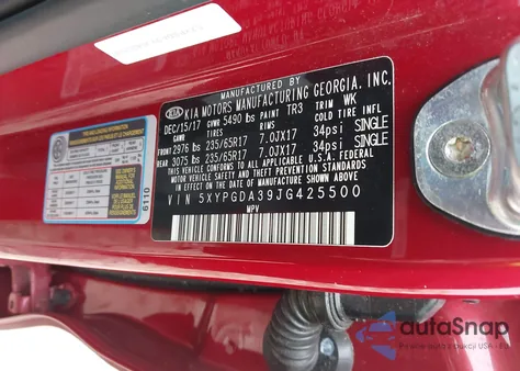 2018 Kia Sorento 2.4L Lx z USA, uszkodzony, nr VIN 5XYPGDA39JG425500